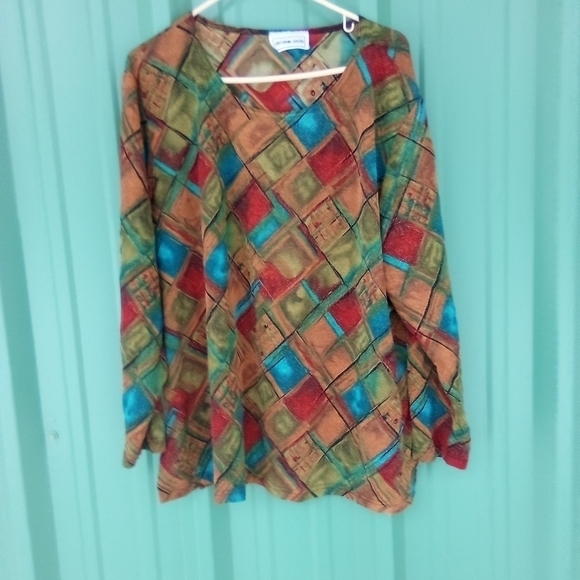Women's Colorful Artsy Geometric Tunic Top Plus Size 2X Gold Metallic Thread - Picture 1 of 2